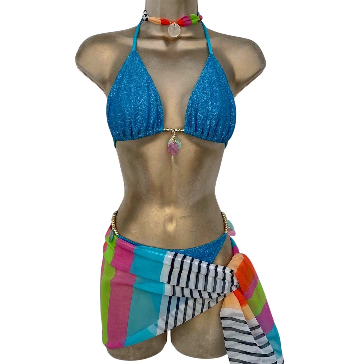 GLITTER TURQUOISE triangle bikini / wrap sarong / choker