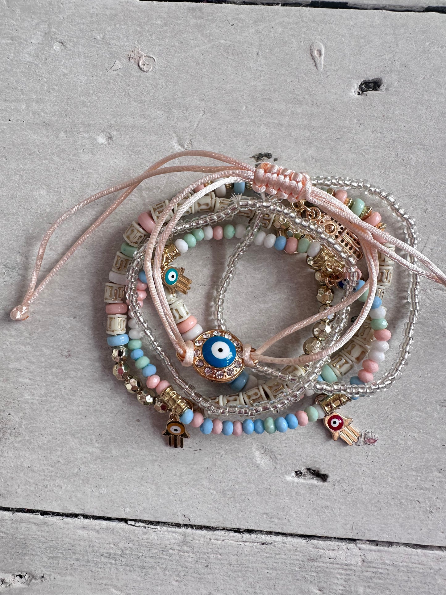 Jewellery stacked Evil Eye & hamma hand bracelets 🧿🪬 3 colours to choose from