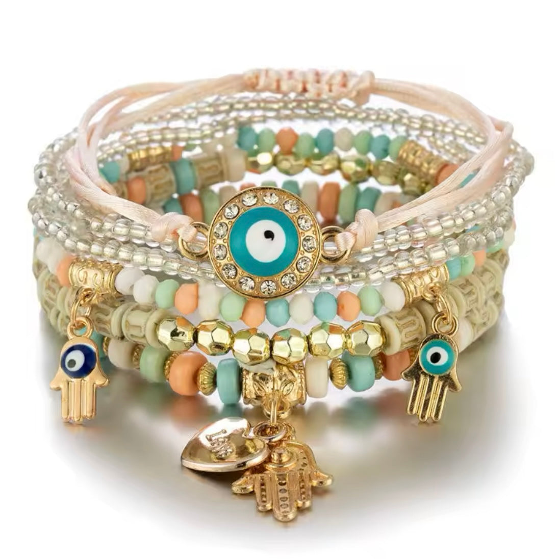 Jewellery stacked Evil Eye & hamma hand bracelets 🧿🪬 3 colours to choose from