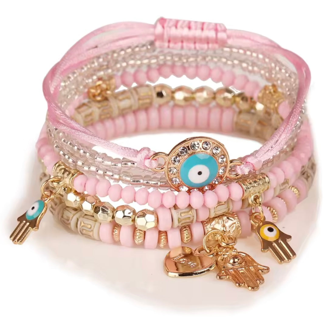 Jewellery stacked Evil Eye & hamma hand bracelets 🧿🪬 3 colours to choose from