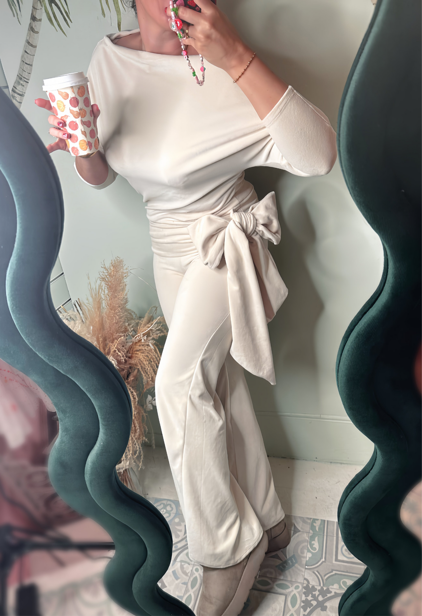 Cream Velour Bailey Bow Top & Flares ๐