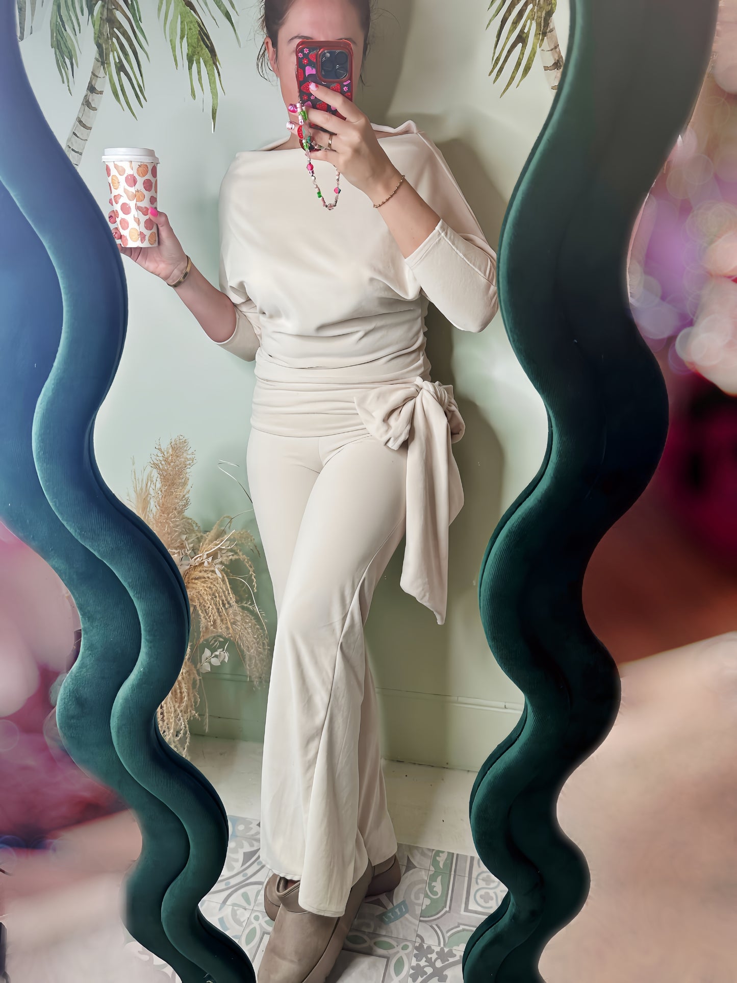 Cream Velour Bailey Bow Top & Flares ๐