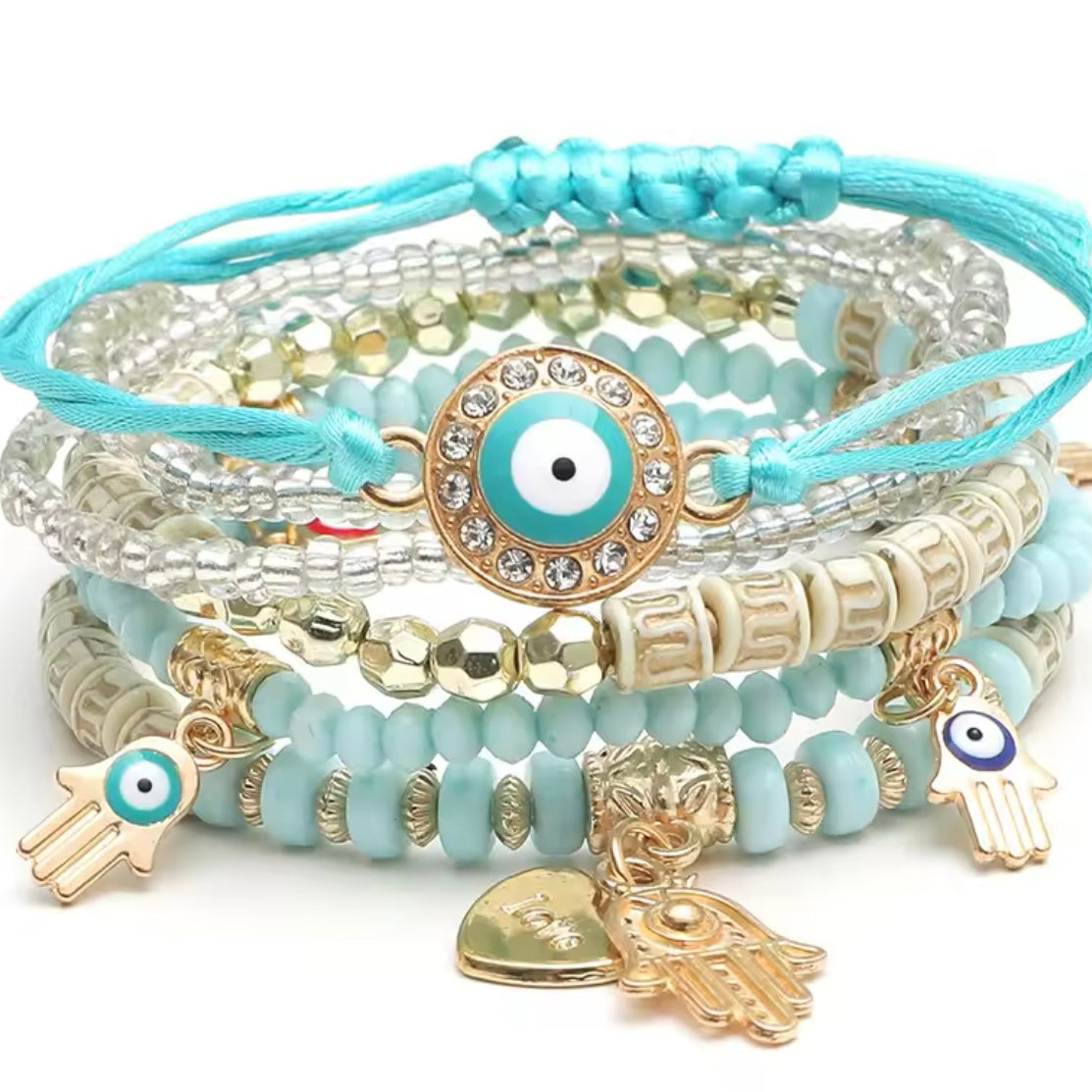 Jewellery stacked Evil Eye & hamma hand bracelets 🧿🪬 3 colours to choose from