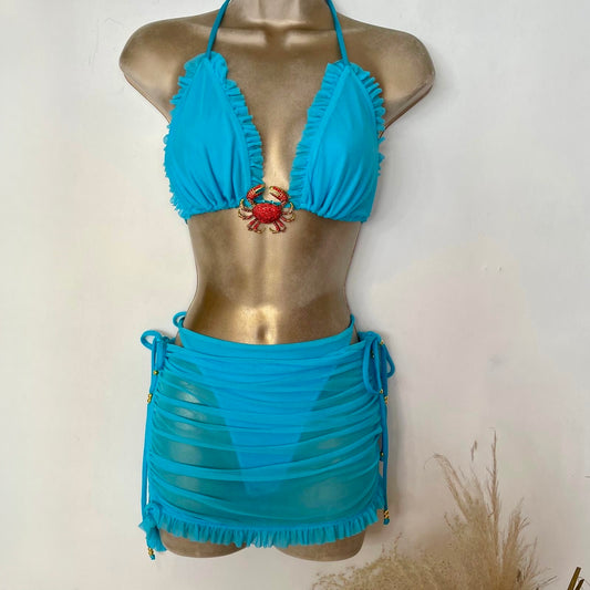 MESH TURQUOISE Lilly Bikini with Crab Brooch / Emmy Skirt with Ruffle