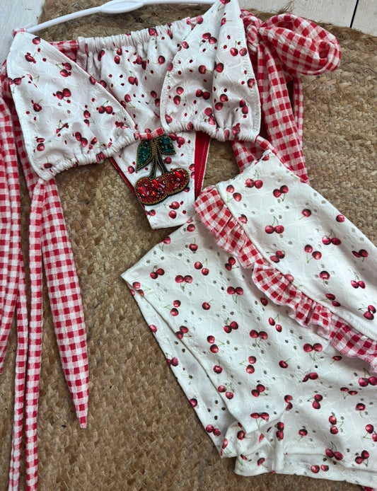 Cherry & Gingham Triangle Bikini + Large Cherry Charm with Riviera Bottoms & Barbie Gingham ruffle Shorts 🍒 READY TO SEND 🍒