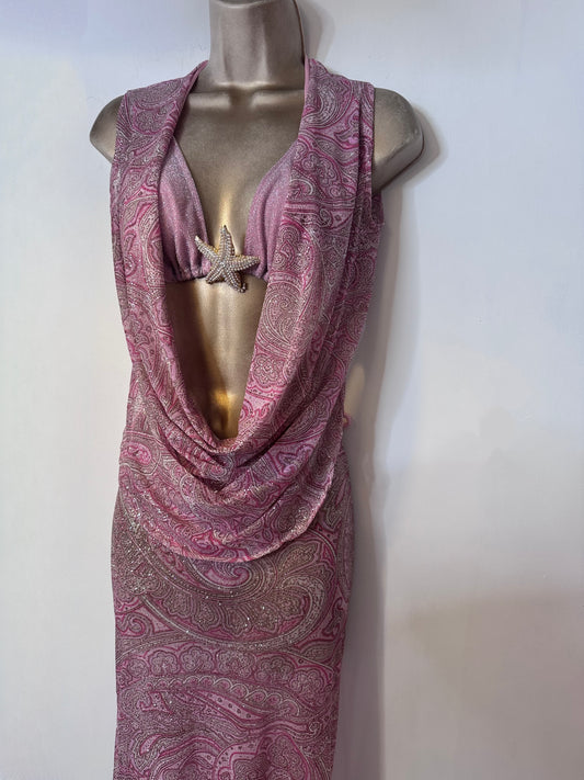 MESH PINK PAISLEY Luna / Mermaid Skirt GLITTER PRINNY Bikini with Pearl Starfish Brooch