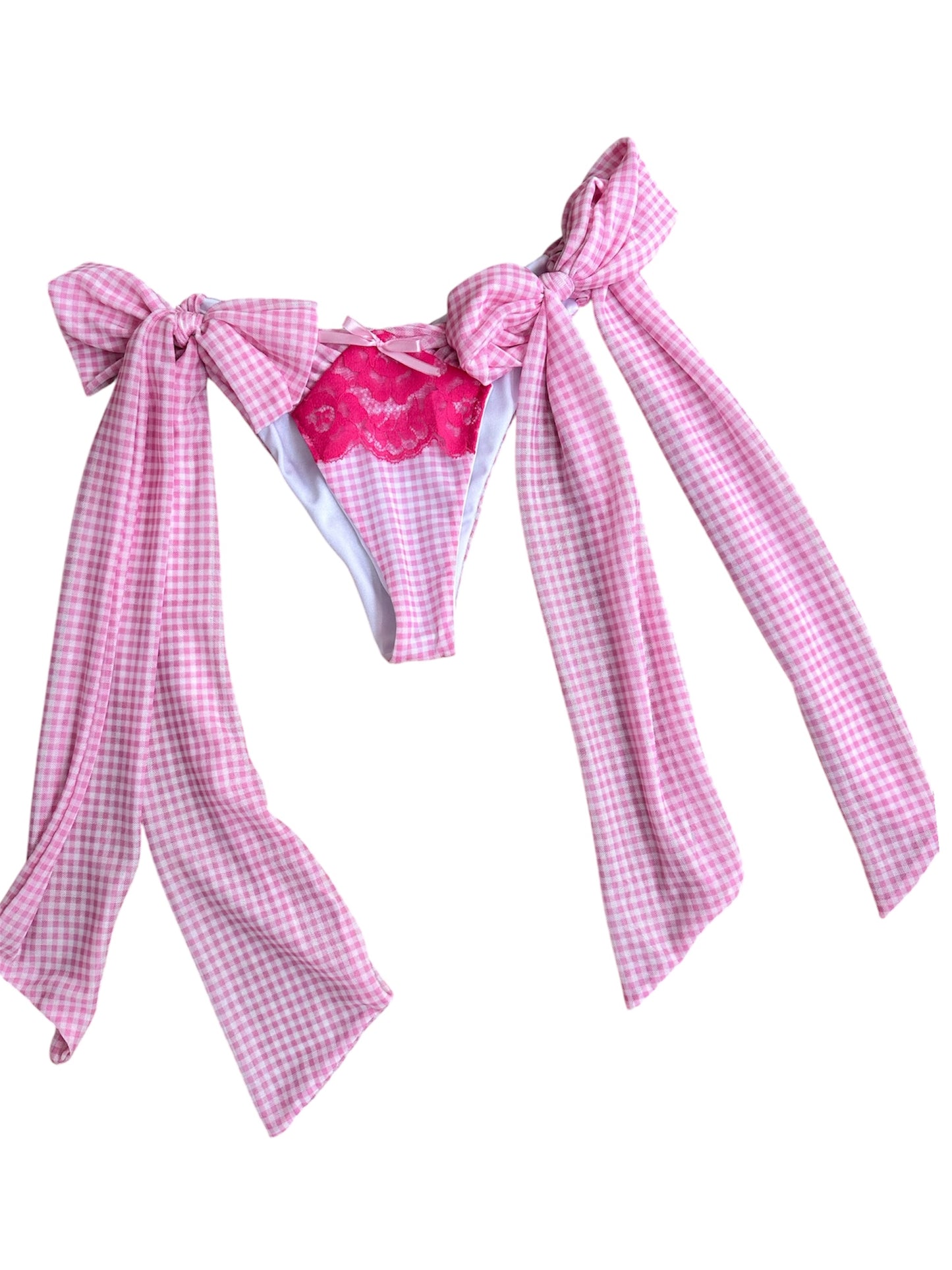 Pink Gingham Triangle Lace Bikini with Beau Bottoms & Serena Skirt 🍒 READY TO SEND 🍒