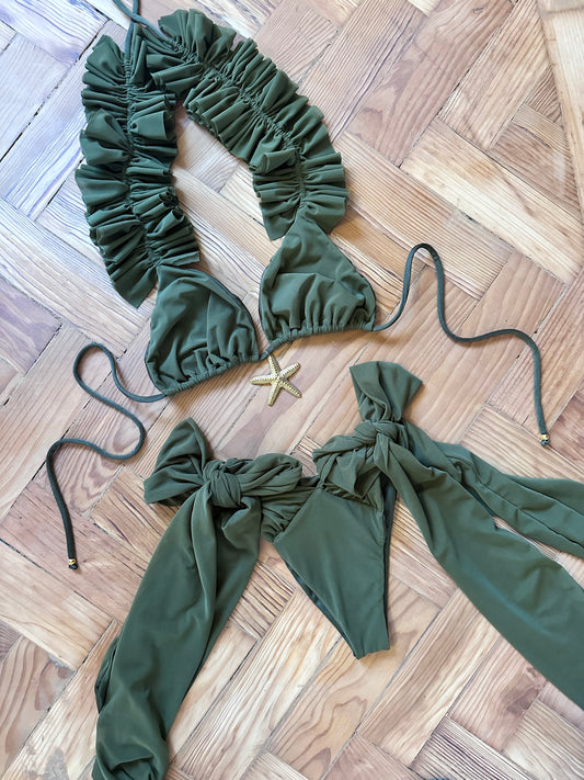 MESH OLIVE Triangle Gracie bikini with Starfish Charm & Beau bottoms / Serena Skirt