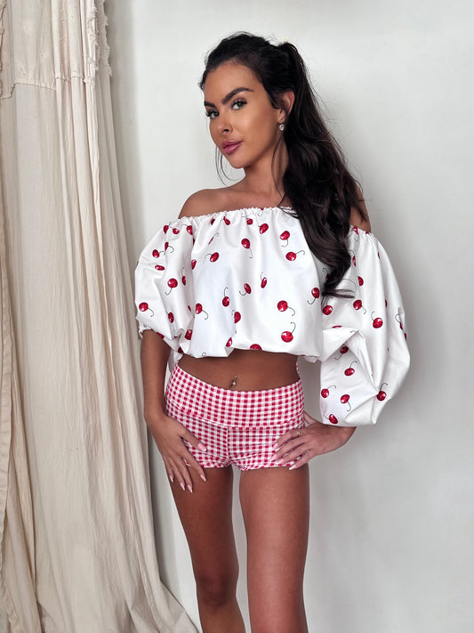 Cherry Britney Top + Gingham Barbie Hot Pants 🐆❤️ MADE TO ORDER 🍒