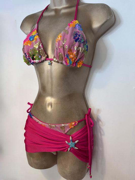 MULTI SEQUIN RASPBERRY Triangle Bikini / Serena skirt
