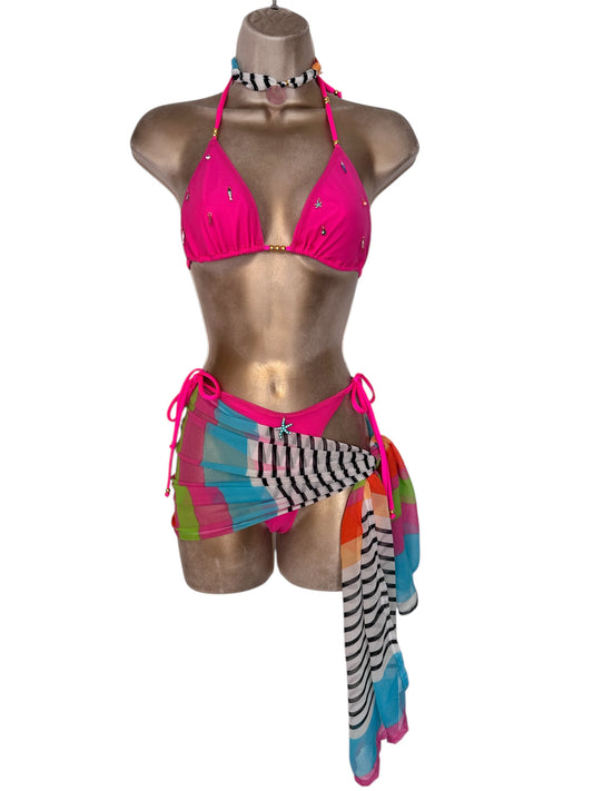 MESH CANDY Triangle Bikini with Charms / STRIPE Wrap Sarong / Choker