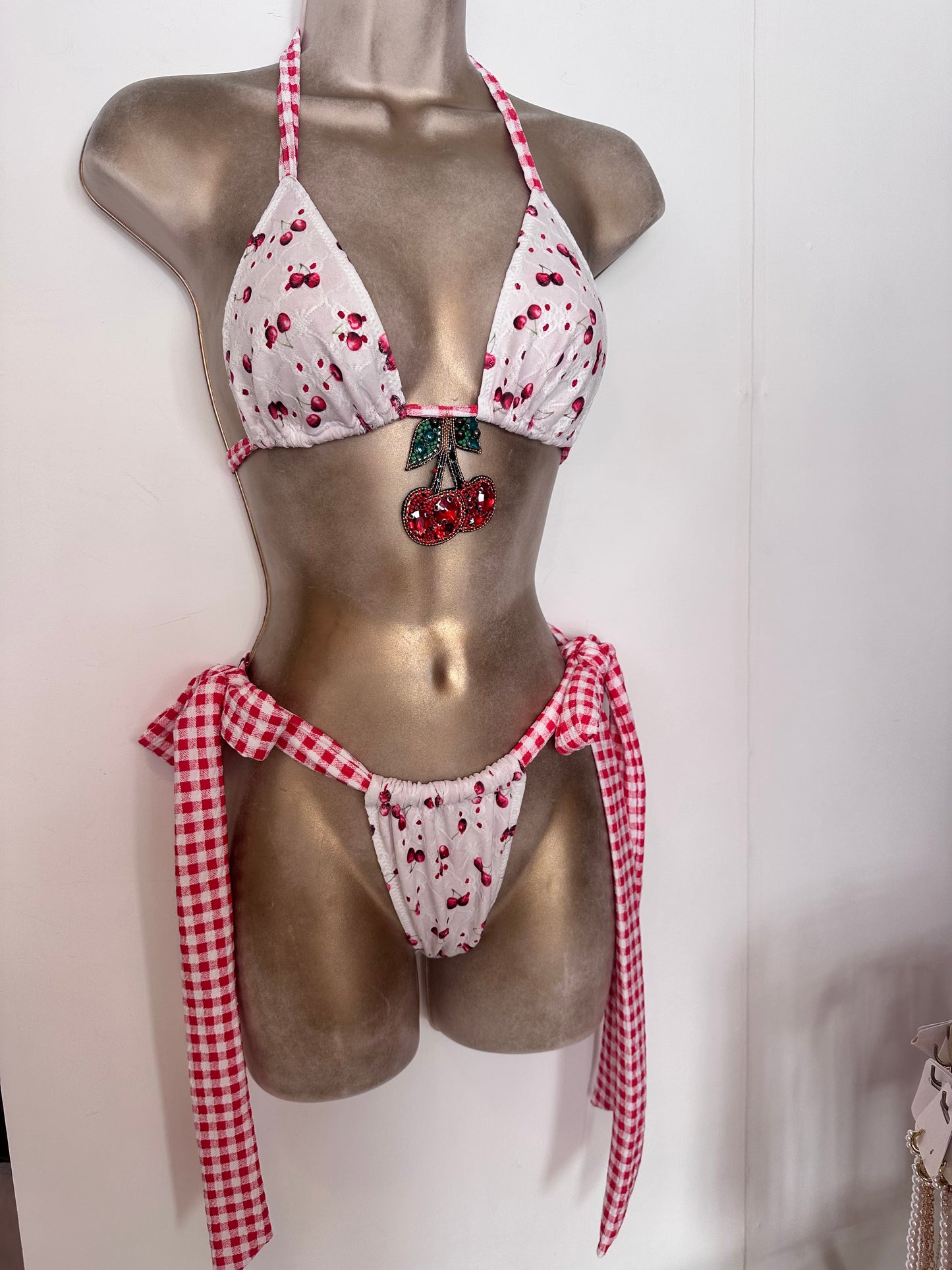 Cherry & Gingham Triangle Bikini + Large Cherry Charm with Riviera Bottoms & Barbie Gingham ruffle Shorts 🍒 MADE TO ORDER 🍒