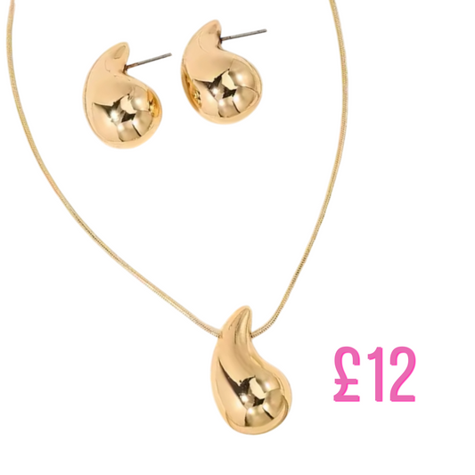 Jewellery gold droplet pendant necklace & earrings