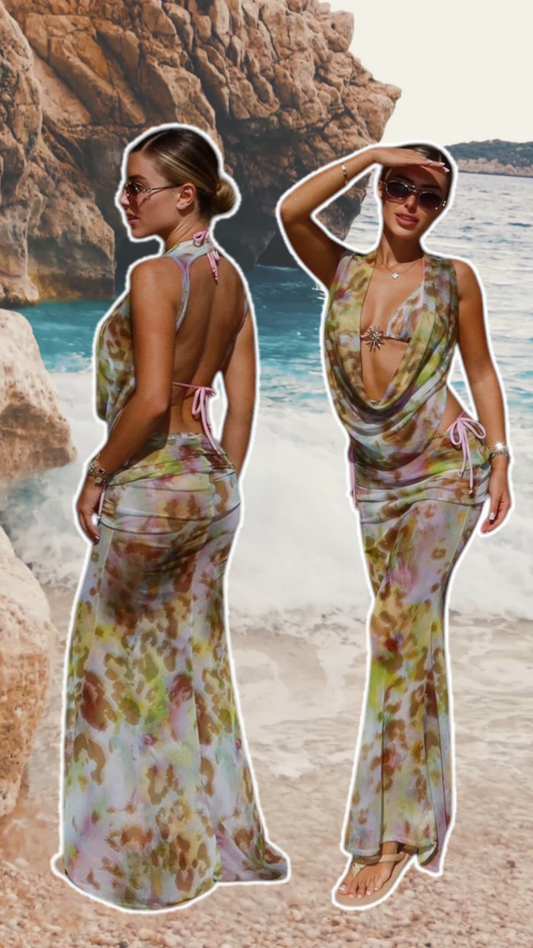 PRINT MESH Triangle bikini / Luna top /  Fish Tail maxi skirt 🧵 MADE TO ORDER 🪡
