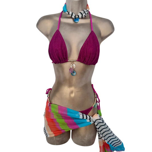 GLITTER PINK triangle bikini / wrap sarong / choker