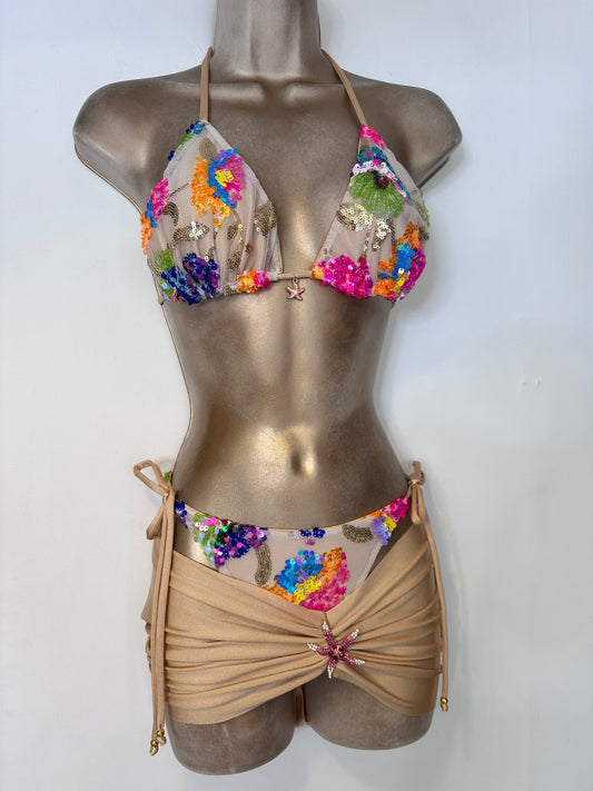 MULTI SEQUIN NUDE Triangle Bikini / Serena skirt