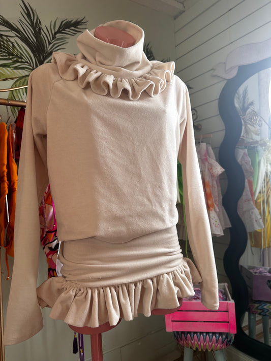 Cream Velour René ruffled neck Top & Rouched Frill Skirt 🎀